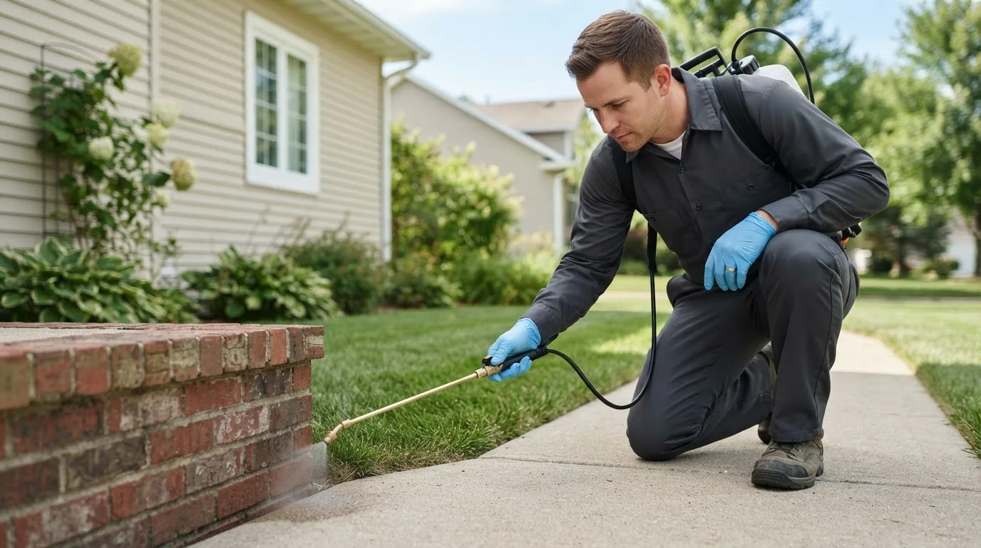 Pest control technician treating a home near Athol, KS